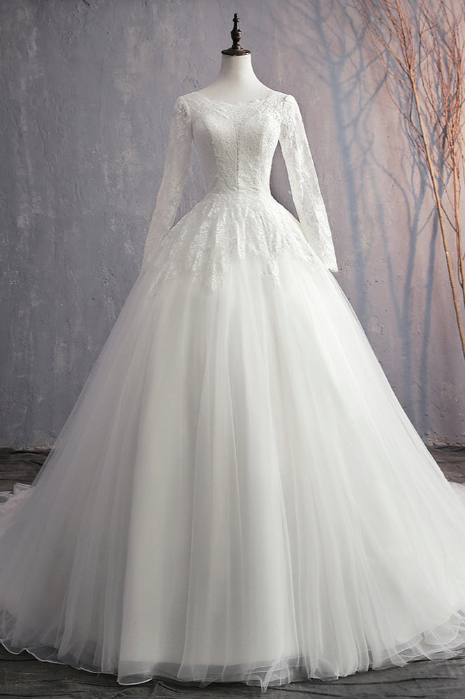 Glamorous White Tulle Lace Ball Gown Wedding Dress With Appliques Long Sleeves