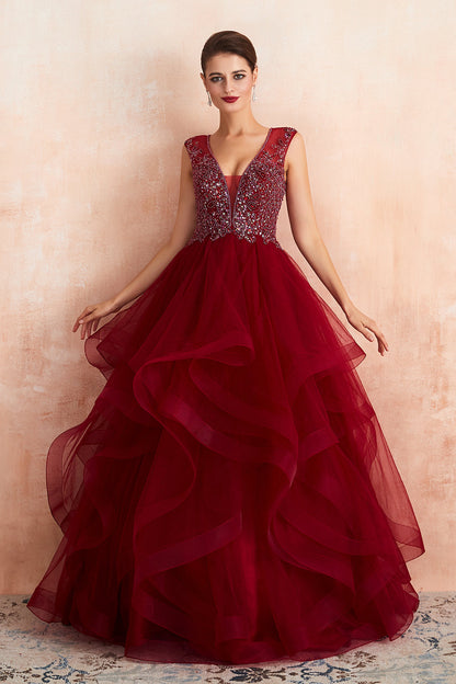 Glamouröses langes Ballkleid mit V-Ausschnitt und Tüll in Burgunderrot