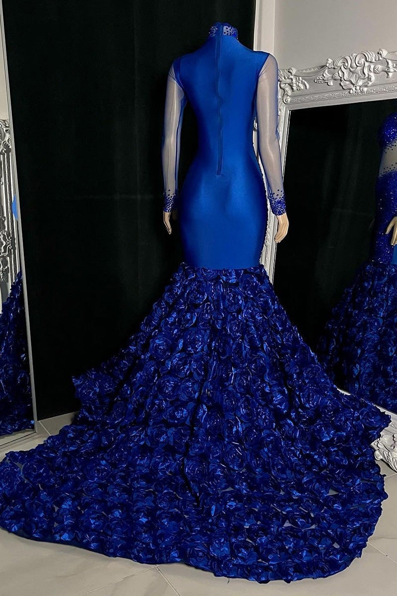 Vestido de Baile Longo Sereia Glamouroso com Gola Alta, Flores e Lantejoulas, com Mangas Compridas