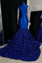 Vestido de Baile Longo Sereia Glamouroso com Gola Alta, Flores e Lantejoulas, com Mangas Compridas