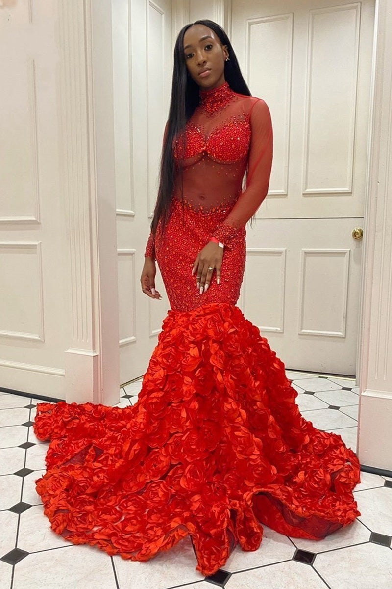 Robe de bal longue sirène élégante à col haut avec fleurs et paillettes, manches longues