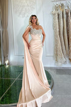 Abito da sera lungo a sirena con una spalla, senza maniche, decorato con perline, elegante e raffinato