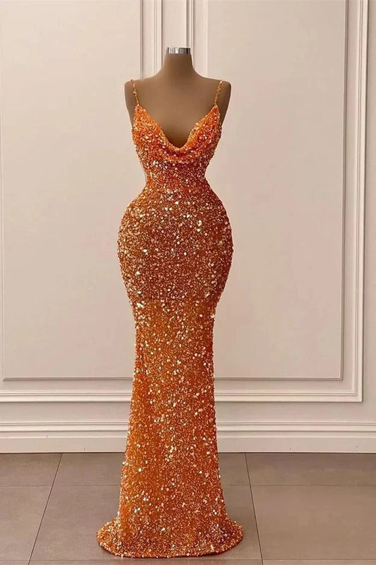 Glamorosos vestidos de fiesta formales de sirena con tirantes finos y lentejuelas