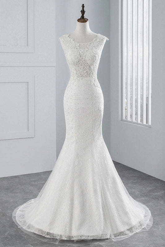 Glamouröses langes Meerjungfrau-Brautkleid mit Tüllapplikationen und Spitze