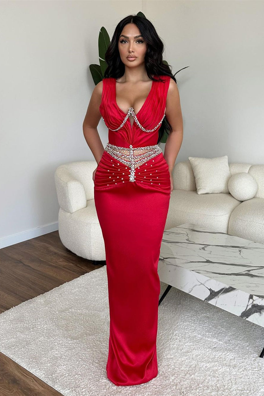 Abito da sera lungo a sirena senza maniche con scollo a V e strass scintillanti