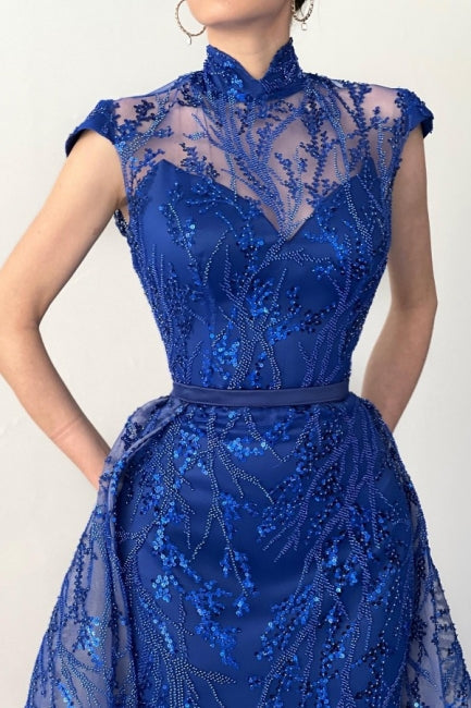 Robe de bal longue bleu royal élégante à col haut en dentelle sans manches avec traîne amovible