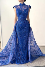 Robe de bal longue bleu royal élégante à col haut en dentelle sans manches avec traîne amovible