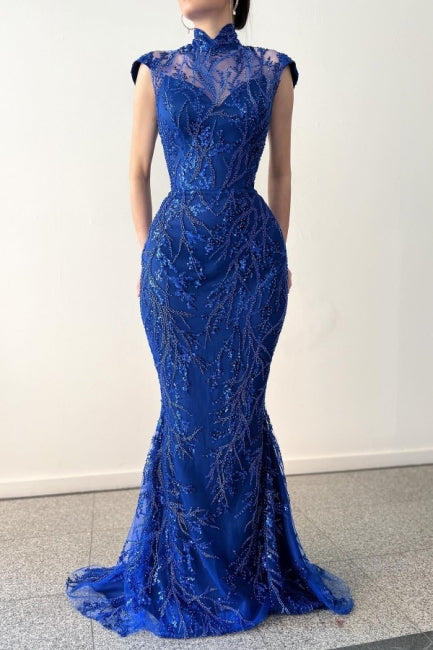 Robe de bal longue bleu royal élégante à col haut en dentelle sans manches avec traîne amovible