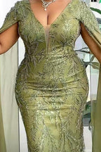 فستان سهرة طويل أنيق برقبة على شكل حرف V من الدانتيل والخرز بتصميم حورية البحر بلون الميرمية