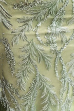 فستان سهرة طويل أنيق برقبة على شكل حرف V من الدانتيل والخرز بتصميم حورية البحر بلون الميرمية