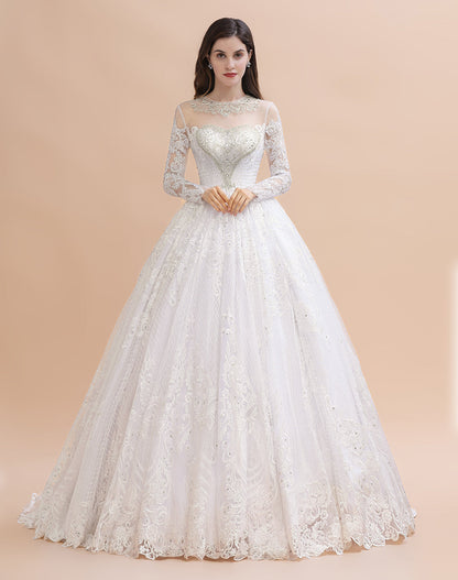 Glamouröses Brautkleid mit langen Ärmeln und Perlen in Weiß/Elfenbein 