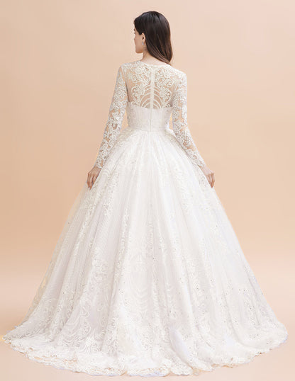 Glamouröses Brautkleid mit langen Ärmeln und Perlen in Weiß/Elfenbein 
