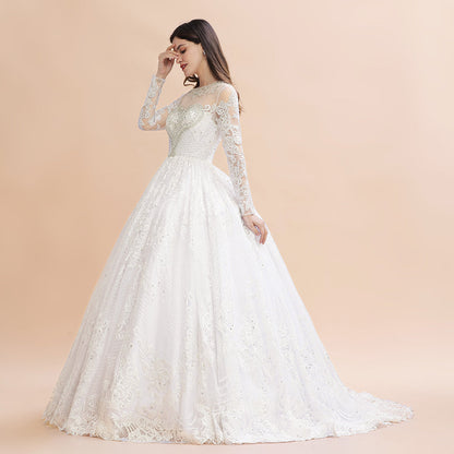 Glamouröses Brautkleid mit langen Ärmeln und Perlen in Weiß/Elfenbein 