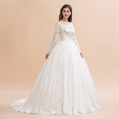 Glamouröses Brautkleid mit langen Ärmeln und Perlen in Weiß/Elfenbein 