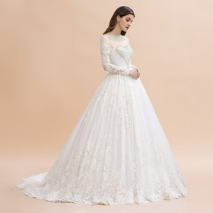 Glamouröses Brautkleid mit langen Ärmeln und Perlen in Weiß/Elfenbein 