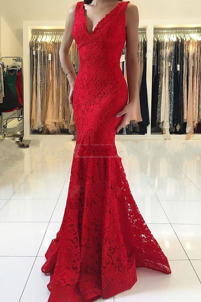 Abito da sera rosso lungo a sirena con scollo a V e pizzo, elegante