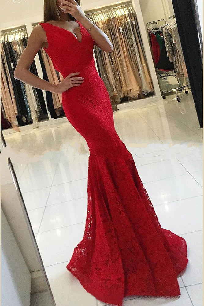Abito da sera rosso lungo a sirena con scollo a V e pizzo, elegante