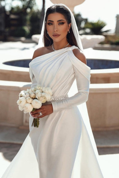 Glamorous one shoulder long sleeves mermaid satin Wedding dress with ruffles