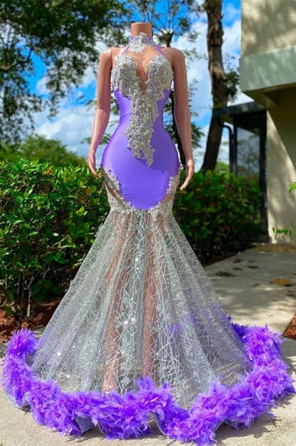 Glamoroso vestido de fiesta de sirena de satén morado, largo hasta el suelo, sin mangas y con apliques