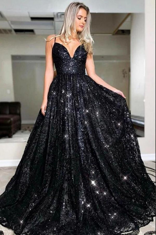 Glamouröses langes Abendkleid mit Spaghettiträgern und schwarzen Pailletten 