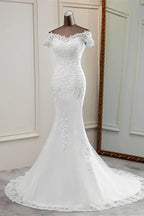Mermaid Lace Wedding Dress With Sweetheart Neckline Short Sleeves Appliques