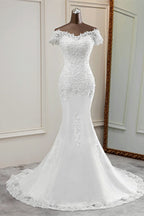 Mermaid Lace Wedding Dress With Sweetheart Neckline Short Sleeves Appliques