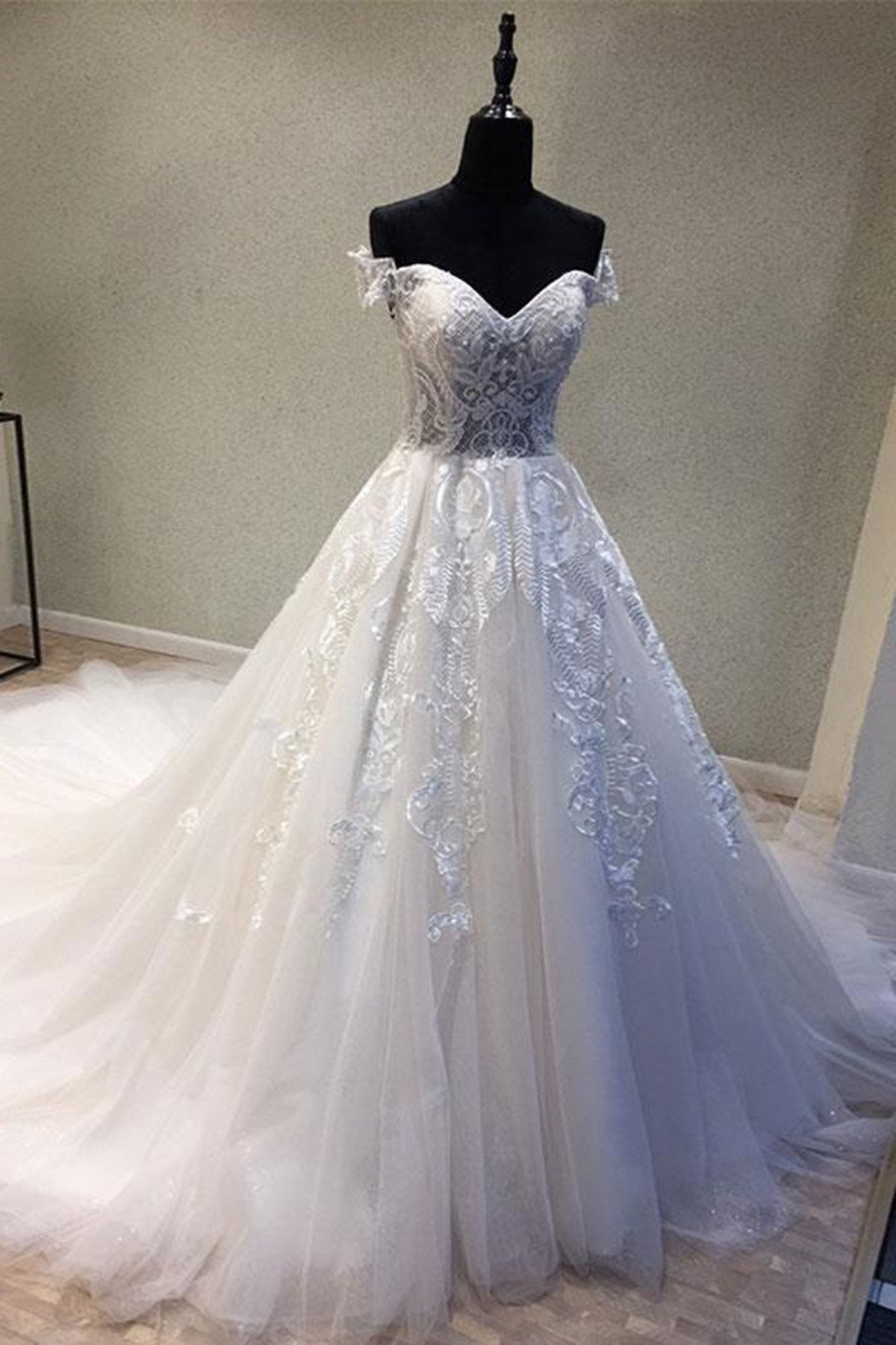 Glamorous Sweetheart Neckline A Line Wedding Dress With Lace Cap Sleeves On Sale