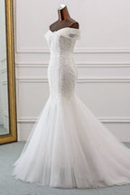Glamorous Tulle Lace Off The Shoulder White Mermaid Wedding Dresses