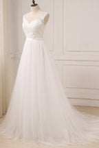 Glamorous Tulle Sleeveless Jewel Neck A Line Wedding Dress White Appliques Gown
