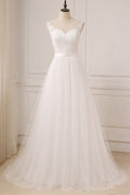 Glamorous Tulle Sleeveless Jewel Neck A Line Wedding Dress White Appliques Gown