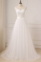 Glamorous Tulle Sleeveless Jewel Neck A Line Wedding Dress White Appliques Gown
