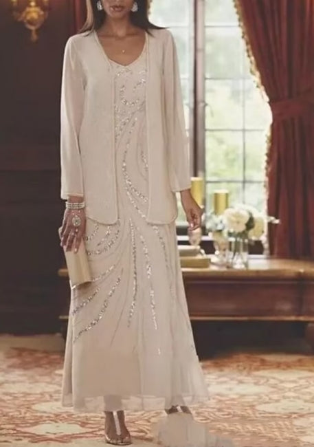 Glamoroso vestido de madre de gasa con escote en V, mangas largas y corte A con lentejuelas