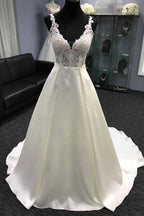 Glamorous White Tulle V Neck Halter A Line Wedding Dress With Lace On Sale