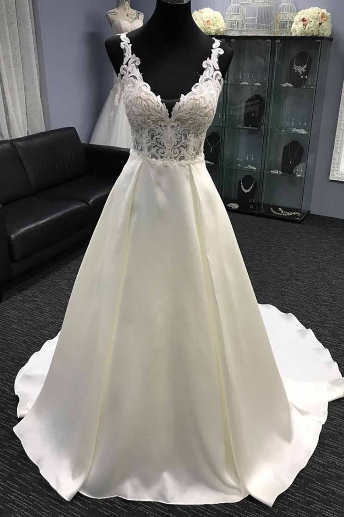 Glamorous White Tulle V Neck Halter A Line Wedding Dress With Lace On Sale