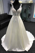 Glamorous White Tulle V Neck Halter A Line Wedding Dress With Lace On Sale