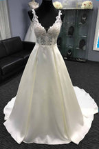 Glamorous White Tulle V Neck Halter A Line Wedding Dress With Lace On Sale