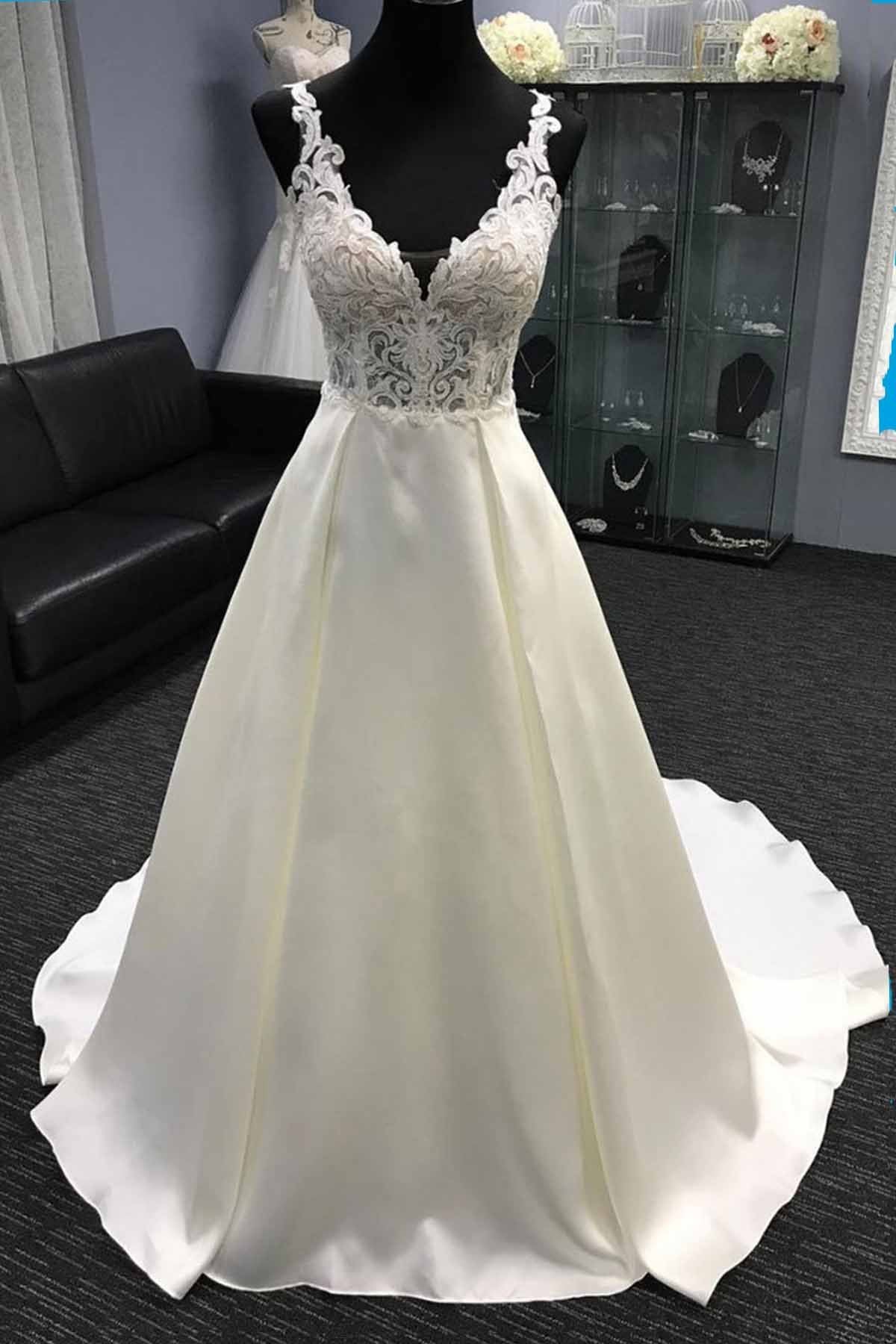 Glamorous White Tulle V Neck Halter A Line Wedding Dress With Lace On Sale