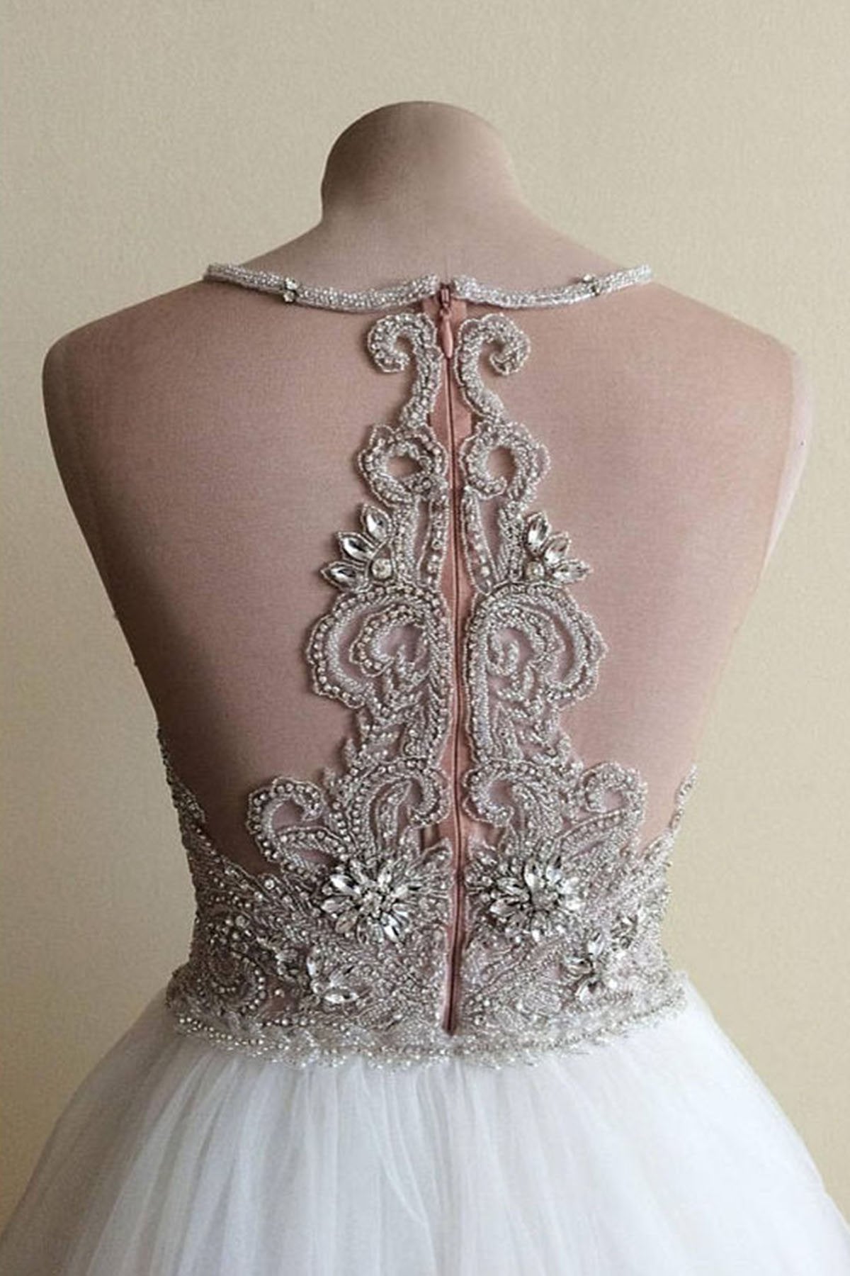 Glamorous White Tulle Crystal Beaded Halter Sleeveless Wedding Dress