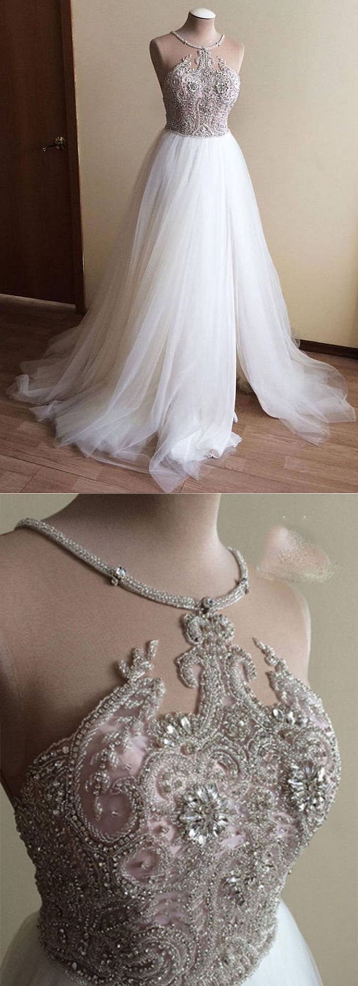 Glamorous White Tulle Crystal Beaded Halter Sleeveless Wedding Dress