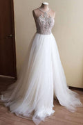 Glamorous White Tulle Crystal Beaded Halter Sleeveless Wedding Dress