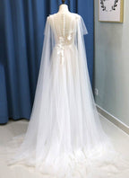 Glamorous White Tulle V Neck Beach Wedding Dress A Line Flower Bridal Gown