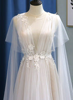 Glamorous White Tulle V Neck Beach Wedding Dress A Line Flower Bridal Gown