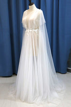 Glamorous White Tulle V Neck Beach Wedding Dress A Line Flower Bridal Gown