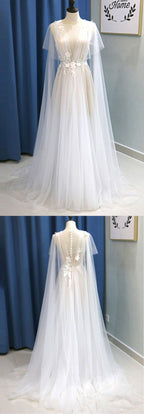 Glamorous White Tulle V Neck Beach Wedding Dress A Line Flower Bridal Gown
