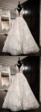 Glamorous White Tulle V Neck Wedding Dress With Lace Appliques Floor Length Sale