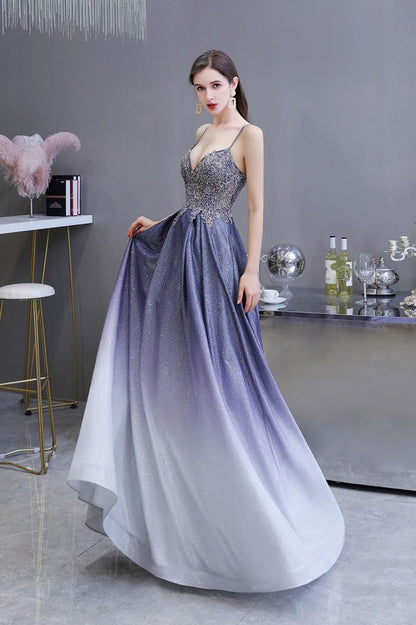 Glamous Spaghetti Ombre Purple Sparkly A-line Party Dress