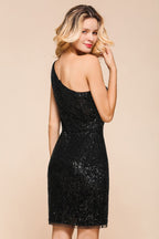 Glitter Black Sequins One Shoulder Mini Party Dress Short Cocktail Dress