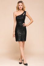 Glitter Black Sequins One Shoulder Mini Party Dress Short Cocktail Dress