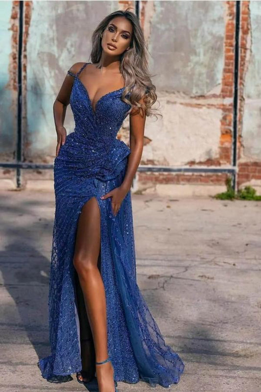 Glitzerndes langes Meerjungfrau-Abendkleid mit schulterfreien Pailletten und Schlitz
