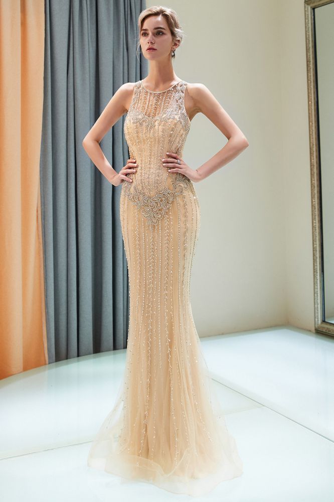 Glitzerndes ärmelloses Perlenbesetztes goldenes Abendkleid mit Rundhalsausschnitt und Meerjungfrau-Partykleid